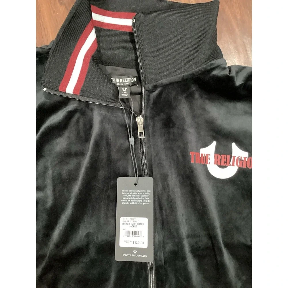 True Religion  Velour Tour Track Jacket Jet Black Size L Full Zip $139 Value